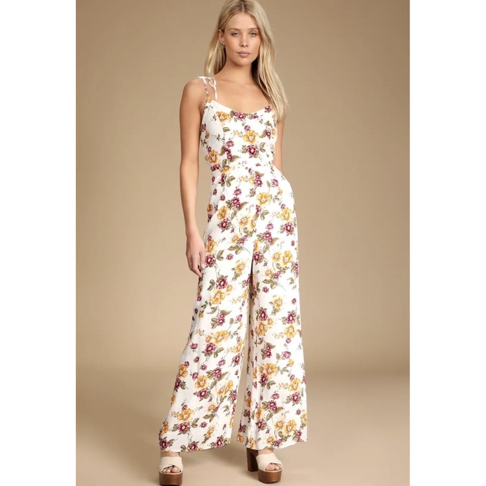 Lulus Jumpsuit Women's Medium Sunny Sights Ivory Floral Print Tie-Strap Wide-Leg